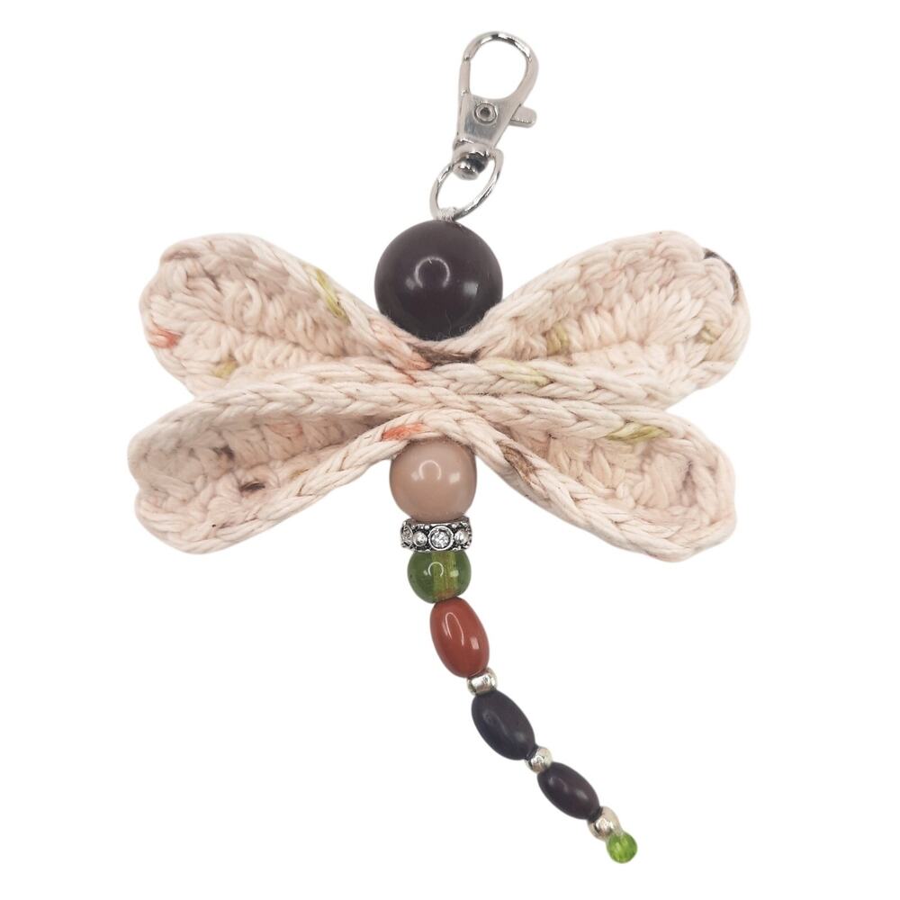 Handmade Crochet Dragonfly Bag Charm Fall Earthy Hues Beaded Purse Keychain NEW